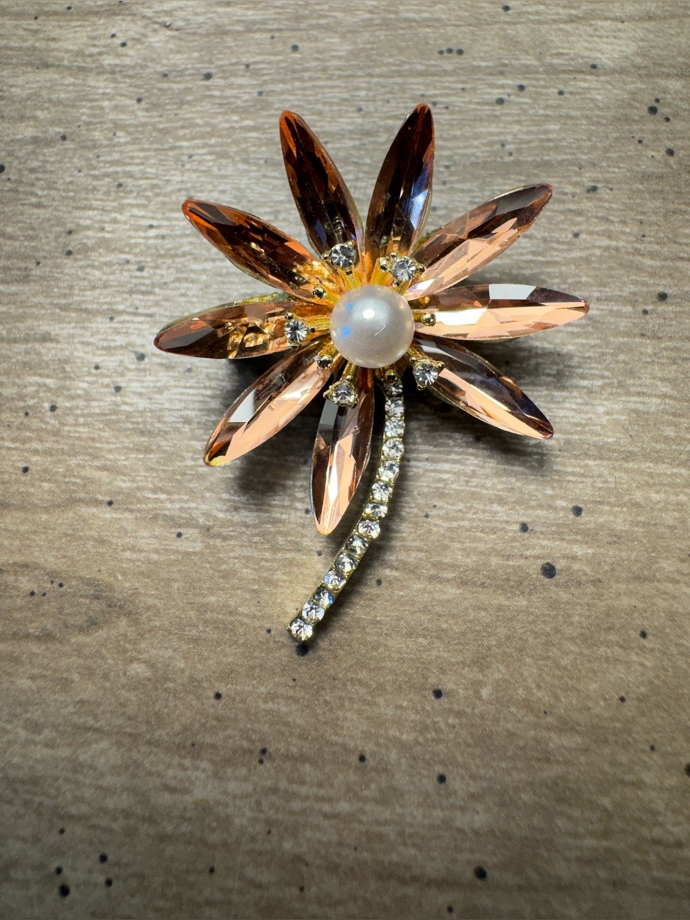 Crystal Floral Brooch with Pearl Center - Peachy Gold Tones